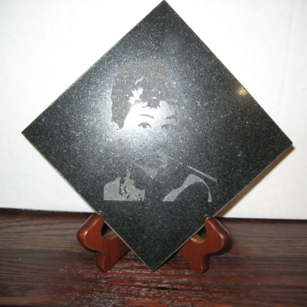 Audrey Hepburn sandblast etching in Black Granite